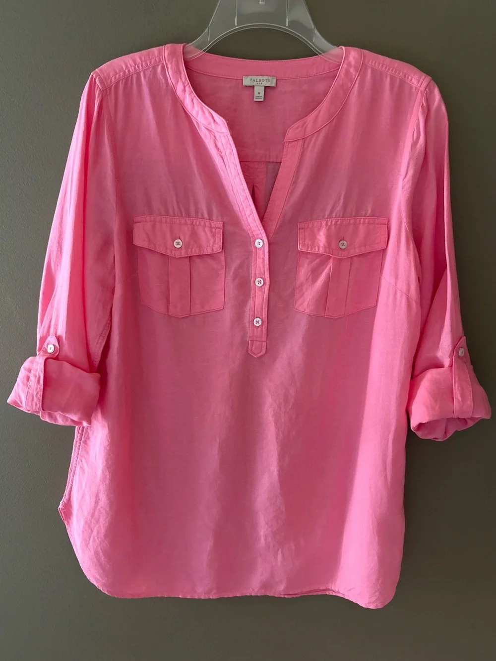Talbots Linen Camp Shirt Split Neckline Size M Pink - Picture 3 of 13